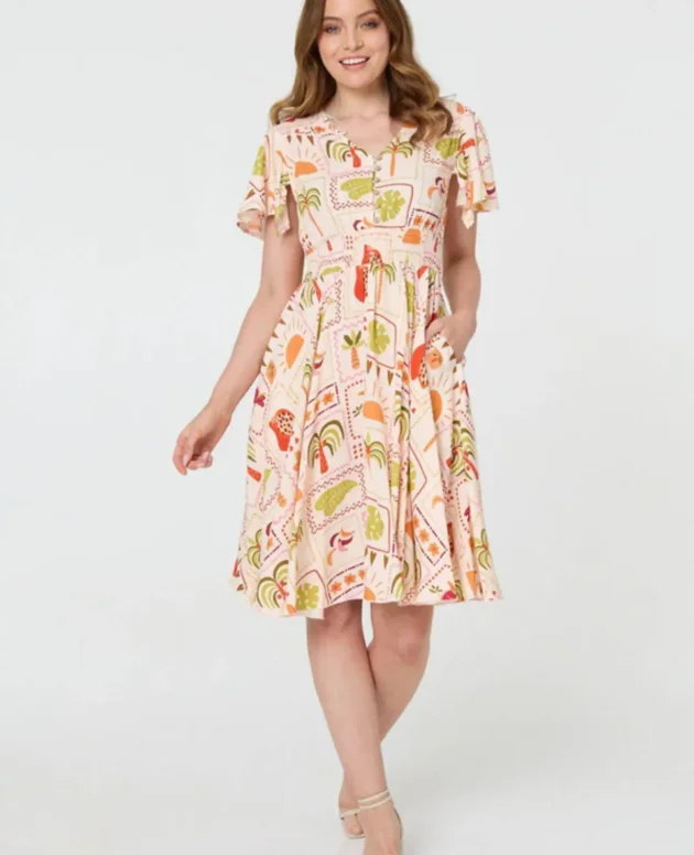 Izabel London Printed V-Neck Shirred Knee Length Dress in Pink