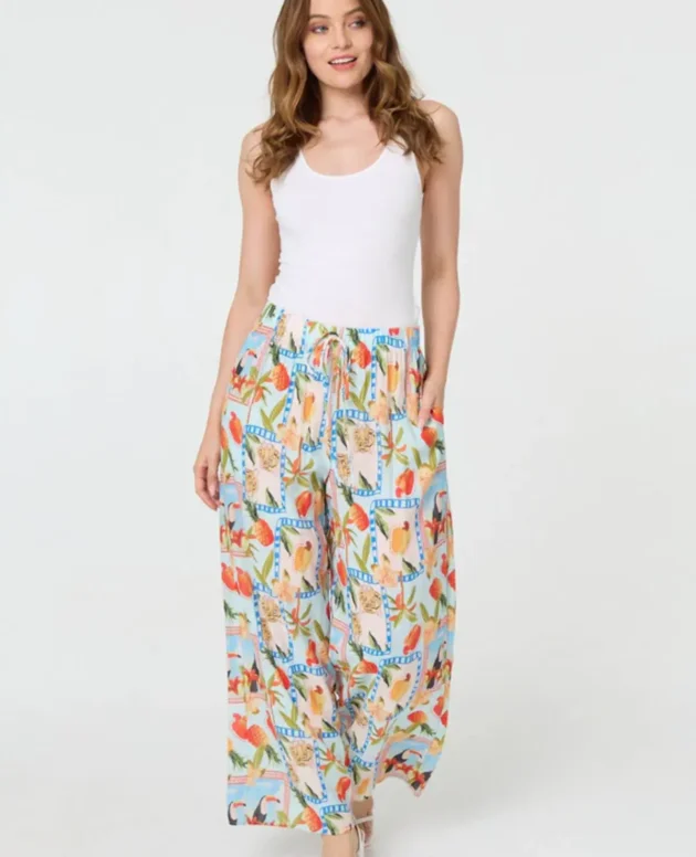 Izabel London Patchwork Relaxed Wide Leg Trousers in Blue