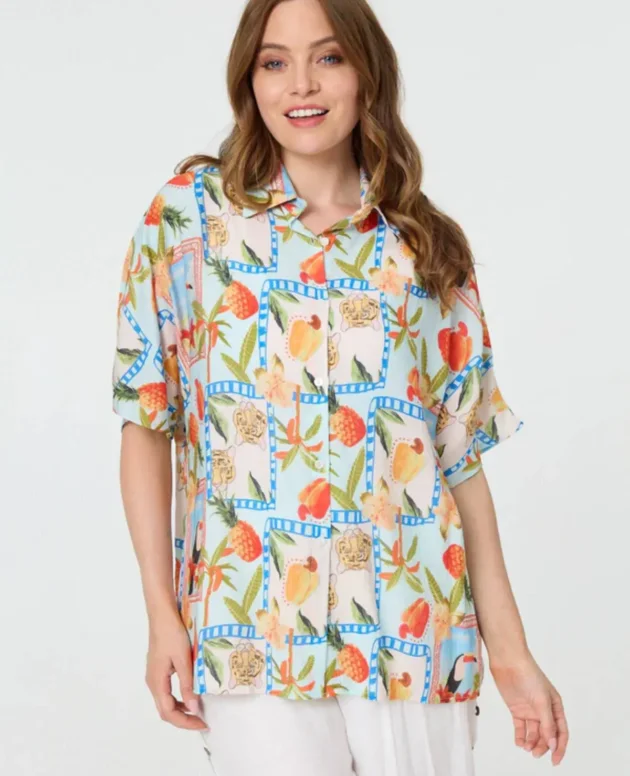 Izabel London Patchwork Relaxed 1/2 Sleeve Shirt in Blue